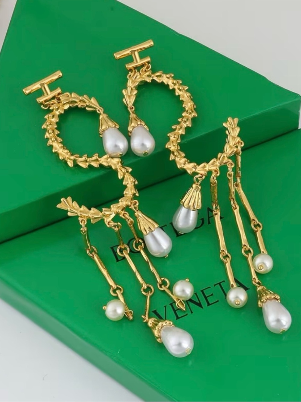 Schiaparelli Inspired Gold Pearl Dangle Laurel Drop Earrings